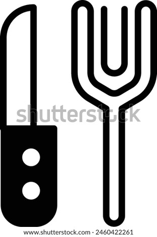 A knife and fork are shown in a black and white drawing. The knife is on the left side of the fork, and the fork is on the right side. Concept of simplicity and elegance