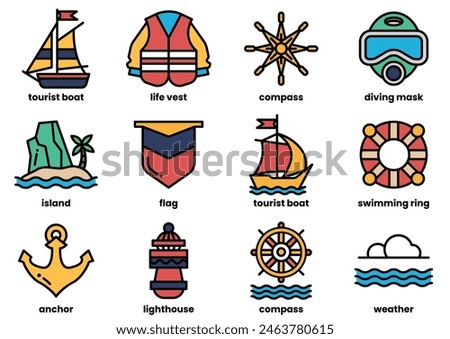 The image is a collection of various water-related icons, including boats, life vests, and other nautical items. The icons are arranged in a grid, with some overlapping each other