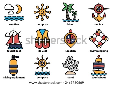 A variety of water-related icons, including a life vest, a compass, a boat, a life ring, and a boat anchor. The icons are arranged in a grid, with some overlapping each other