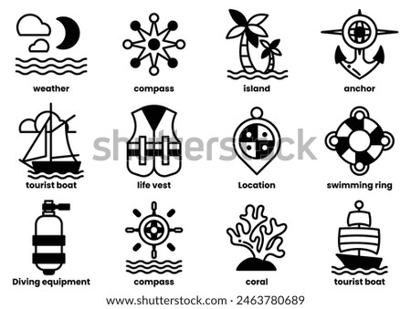 A variety of water-related icons, including a life vest, a compass, a boat, a life ring, and a boat anchor. The icons are arranged in a grid, with some overlapping each other