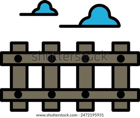 A black and white drawing of a wooden fence with a cloudy sky in the background. The fence is made up of many wooden boards, and the sky is filled with clouds. Scene is calm and peaceful, as the fence