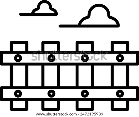 A black and white drawing of a wooden fence with a cloudy sky in the background. The fence is made up of many wooden boards, and the sky is filled with clouds. Scene is calm and peaceful, as the fence