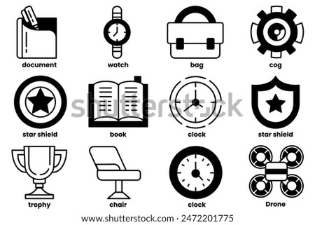 A collection of icons for various items such as a watch, book, and bag. The icons are all black and white and arranged in a grid