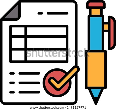 A check mark is on a piece of paper with a pen next to it. Concept of completing a task or checking something off a list