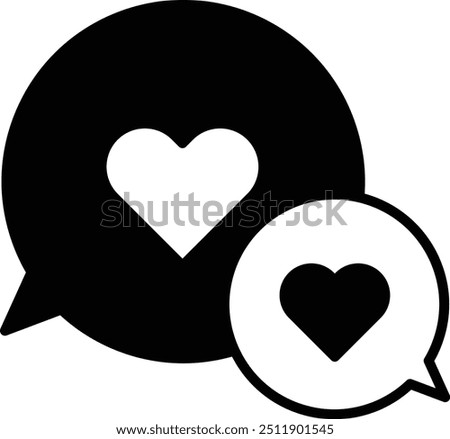 Two hearts are shown in a black and white circle. The heart is on the right and the red heart is on the left. The hearts are surrounded by a speech bubble, which is blue and yellow