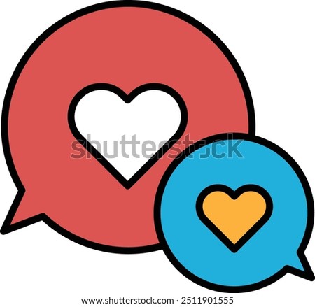 Two hearts are shown in a blue and red circle. The blue heart is on the right and the red heart is on the left. The hearts are surrounded by a speech bubble, which is blue and yellow