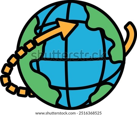 A cartoon drawing of a globe with a arrow pointing to the right. The globe is green and blue, and the arrow is orange. The drawing conveys the idea of travel and exploration