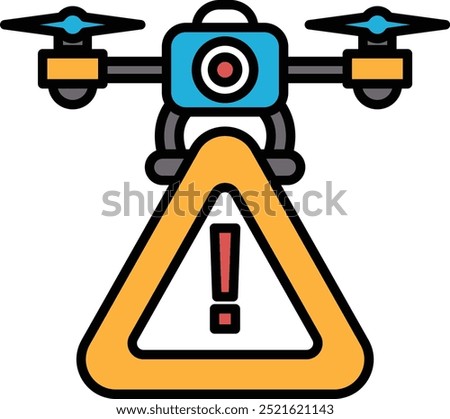 A yellow and orange triangle with a red exclamation point on it. The image is of a drone with a camera on it