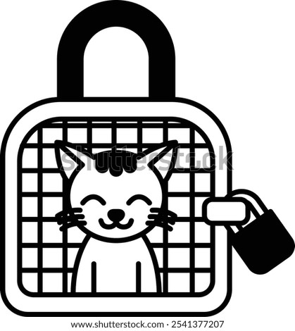 A cartoon cat is sitting in a cage with a lock on the door