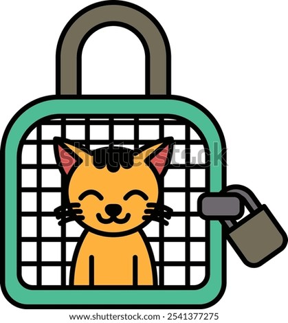 A cartoon cat is sitting in a cage with a lock on the door. The cat is smiling and he is happy