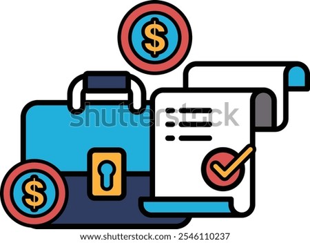 A blue briefcase with a red lock and a red dollar sign. A white piece of paper with a check mark on it