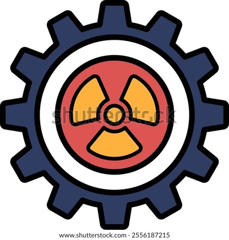 A graphic of a gear with a red and yellow radioactive symbol in the middle. The design is bold and eye-catching, with a sense of danger and caution