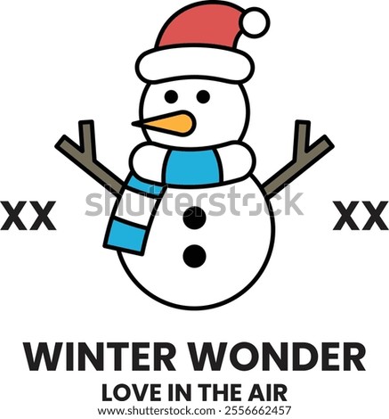 A snowman wearing a red hat and blue scarf stands in front of a white background. The snowman is holding a stick in its right hand and a branch in its left hand. The image is titled Winter Wonder