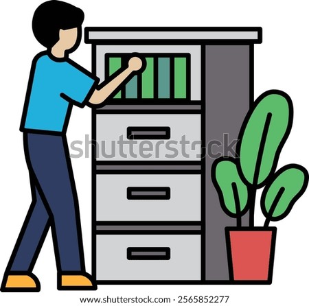 A man is reaching into a filing cabinet. The cabinet is full of files and folders. The man is looking for a specific file