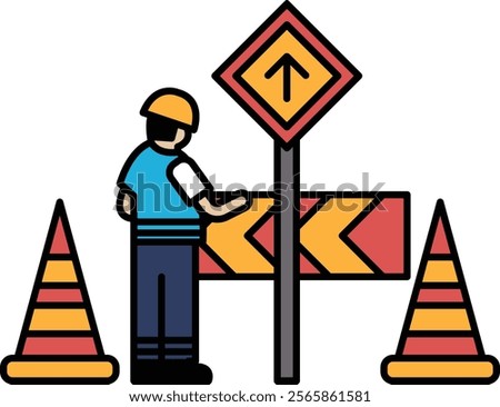 A man in a blue vest is standing in front of a sign with an arrow pointing up. He is holding a clipboard and he is working on a construction site. Concept of work and productivity