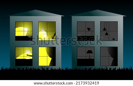 Two-storey house with lights on and off at night, human hands turning off the lights in the house. Outside view into the window. Save electricity concept