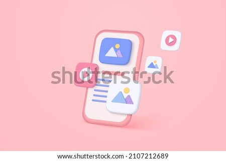 3D vector minimal social media with video and photo gallery on mobile application and mobile phone 3d render, user interface optimization for banner and website. Image 3d render on pink background 