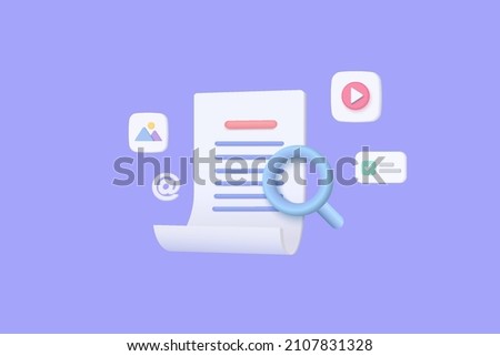 3d search icon concept of media file management. Searching image and video files in database. 3d document management concept media, document online, docs icon concept. 3d vector rendering magnifying
