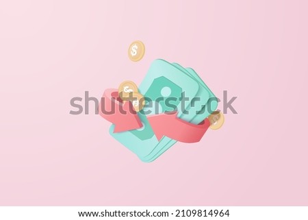 3D vector cashback money refund icon concept. 3d money holding wallet, dollar bill and coin, online payment and money saving concept on background. 3d render for business bank, finance, investment