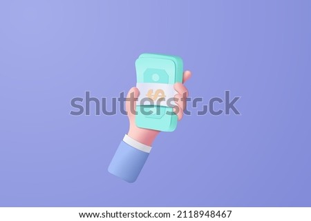 3D vector hand holding banknote on background, coin, online payment and payment concept. 3d holding money render for business, finance, investment, money saving, banknote on hand isolate background