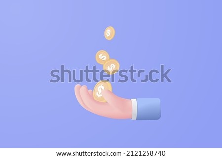 3D money coin hand holding on pastel purple background. holding money in business hand concept, online payment and payment 3d vector render concept. finance, investment, 3d money coin saving on hand