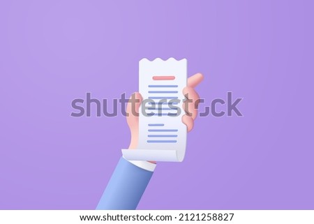 3D vector hand holding bill receipt isolated on purple background. Business hand using hold invoice bill expenses under creative solution concept in 3D vector. 3d paper receipt for shopping in store