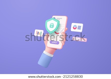 3D vector hand holding mobile isolated with security on background. Hand 3d using funding business graph on application solution secure icon concept. 3d hand trading online for business investment Zdjęcia stock © 