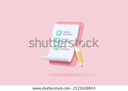 3d paper clipboard task management todo check list with pencil, fast work on project plan, fast progress, level up concept, 3d pencil note, exam paper checklist icon. 3d vector render pink background 商業照片 © 