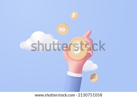 3D money coin hand holding with cloud on blue sky background. holding money in business hand concept, cloud online payment and payment 3d vector render concept. finance, money saving on isolated