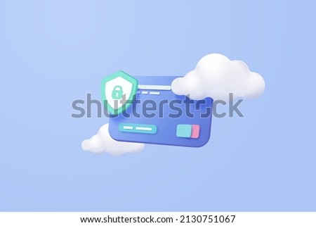 3D credit card financial secure for shopping, online payment credit card with payment protection on cloud blue sky background concept. 3d vector render credit card security with isolated background
