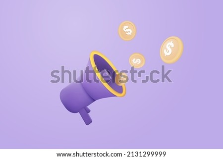 3d megaphone speaker or loudspeaker bullhorn for announce promotion, megaphone voice with money coin dollar, speakerphone 3d vector render for alert and announcement on background. 3d voice for money