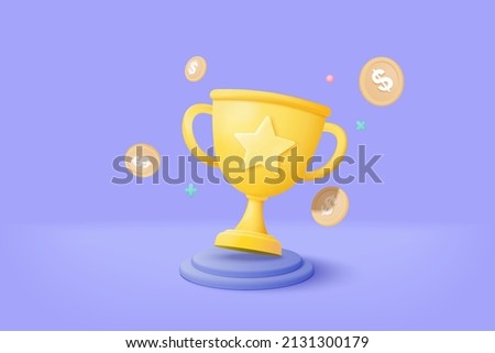3d winners award minimal with golden cup and money coin, gold winners stars on podium background. 3d Award ceremony concept with cartoon style. 3d trophy vector render isolated on purple background