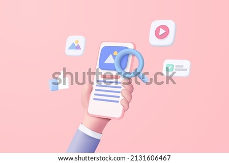 3D vector hand holding mobile phone with social icon on pink background, Searching image and video files in database concept, document management. showcase 3d minimal magnifying with device smartphone