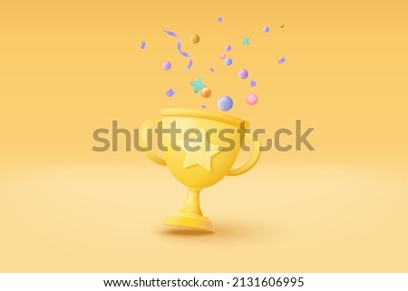 3d prize winners with golden cup, gold winners stars with objects floating around on gold background. 3d rewards ceremony concept with style. 3d prize vector render isolate on yellow pastel background Foto d'archivio © 