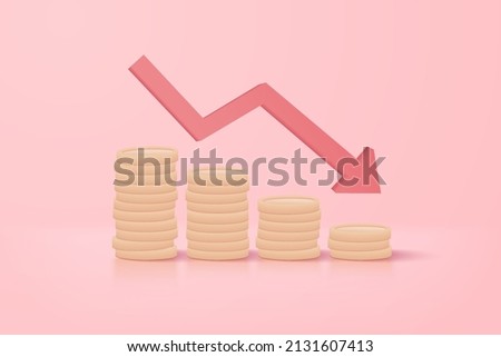 3D pile of silver coins and red arrows plummeting. The concept of business failure of a pile of coins, 3d money vector representation for finance, caution investment, money slump illustration concept