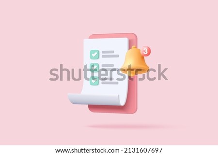 3d white clipboard task management todo check list with notification bell icon, efficient work on project plan alarm concept, alert for todo checklist. 3d vector clipboard render on pink background