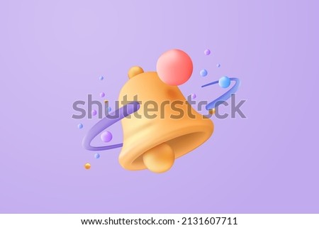 3D minimal notification bell icon with 3d objects floating for subscribe. new alert notification and subscribe concept for social media element. 3d bell alarm vector rendering on purple background 商業照片 © 
