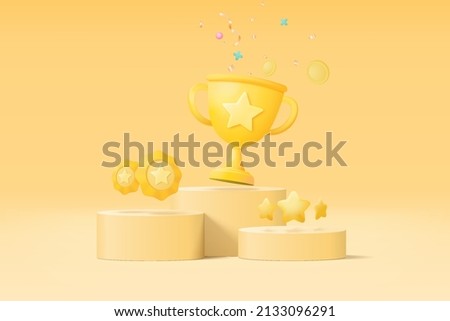 3d winners minimal with golden cup, gold winners stars on podium background. Award ceremony first and second and third concept on podium. 3d vector render isolated on blue pastel background