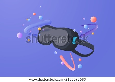 Metaverse technology future 3d concept. VR virtual reality headset with floating objects around for playing a video game isolated blue background. 3d vector render with Metaverse futuristic concept