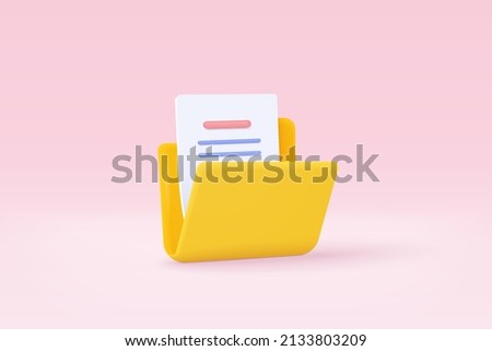 3d folder and paper for management file, document efficient work on project plan concept. 3d document cartoon style minimal folder with files icon. 3d file in folder vector render on pink background Foto d'archivio © 