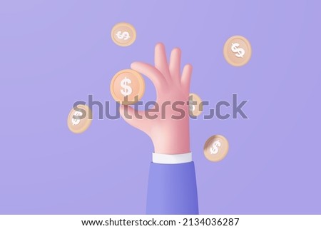 3D money coin saving hand holding on purple background. 3d holding money saving in business hand, online payment and payment 3d vector render concept. finance, investment, money saving on hand isolate