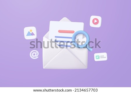3d mail envelope icon with magnifying image and video files in message. Minimal Searching email letter with document paper icon. Media file docs management concept 3d vector render purple background 