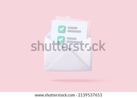 3d mail envelope icon with task management todo check list on pink background. Minimal email letter with letter paper read, assignment and exam. message concept 3d vector render isolated background