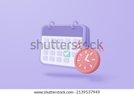 3d calendar marked date for important day in purple background. Calendar with mark for schedule appointment, event day, holiday planning concept 3d alarm clock vector render isolated pastel background