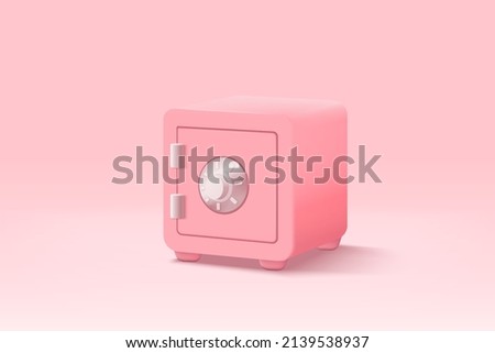 3d safe box minimal design for treasure on pink pastel background. Treasure with gold and money in safe box, money saving, stored money concept. 3d secure box vector render isolated pastel background