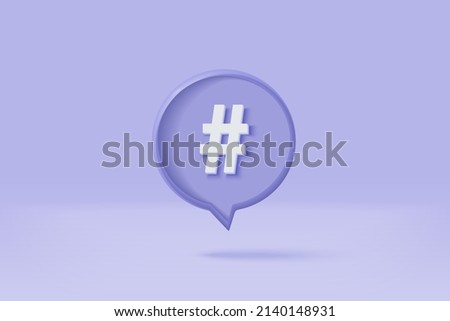 3D hashtag search link symbol on social media notification icon isolated on purple background. Comments thread mention or user reply sign with social media. 3d hashtag on vector render illustration