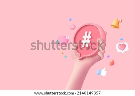 3D hashtag search link symbol on social media notification icon isolated on pink background. Comments thread mention or user reply sign with social media. 3d hashtag on vector render illustration
