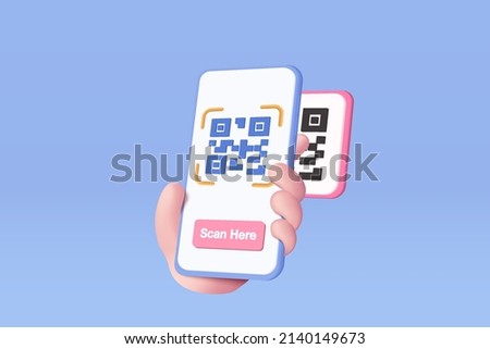 3d hand holding scanning QR code for online shopping concept, shopping special offer promotion and marketing via smartphone. Qr code scan verification website. 3d vector render isolate blue background Imagine de stoc © 