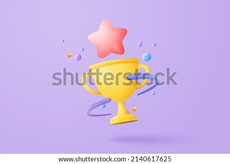 3d winners minimal with golden cup, gold winners stars with objects floating around on isolated background. 3d champions rewards ceremony concept with ranking style. 3d vector render illustration Foto d'archivio © 