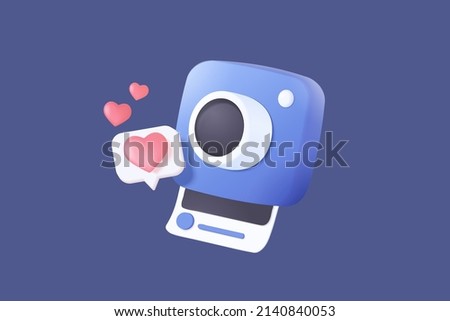 3d minimal photo camera and frame social media on background with shadow. 3d simple snapshot camera icon concept. Volumetric design for 3d camera photos. Lens isolated vector render illustration